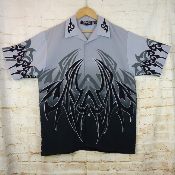 VTG Dragonfly Shirt Men M Gray Black Tribal Flame Button Loop Collar Grunge Bike - Picture 2 of 13
